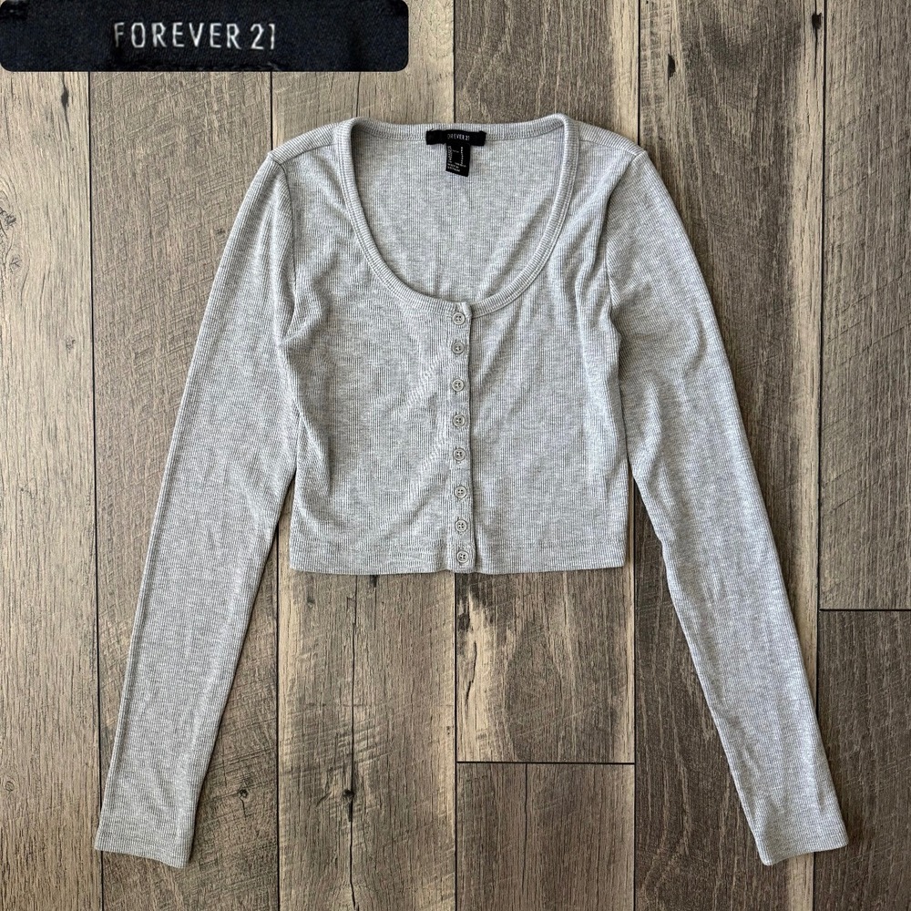 Y2K Forever 21 Gray Ribbed Cropped Cardigan Long Sleeve Button Up Top Womens S